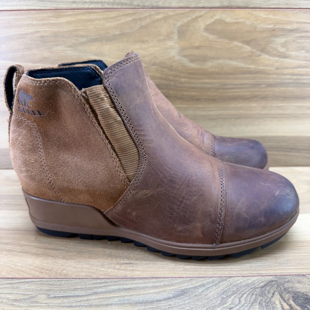 Sorel Evie Wedge Boots Womens 8 Brown Waterproof Leather Cozy Outdoor Casual